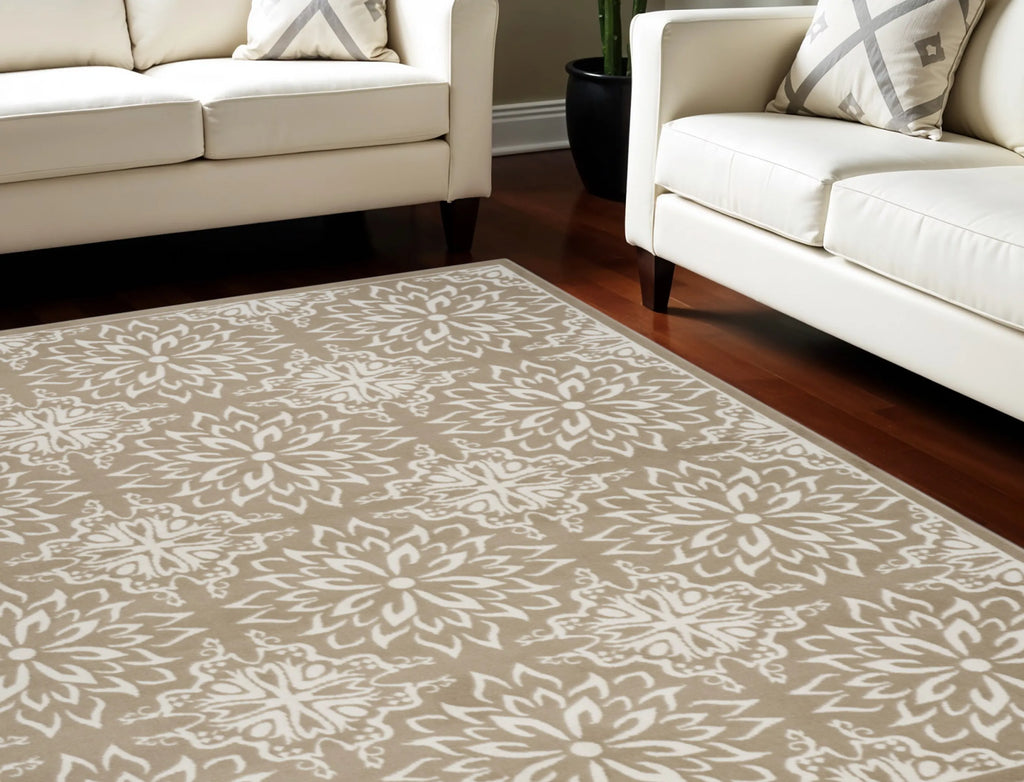7' X 10' Taupe and Ivory Floral Non Skid Area Rug