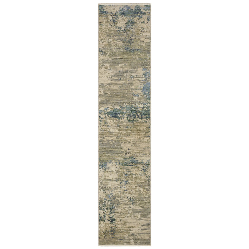 12' Beige And Blue Abstract Runner Rug With Fringe