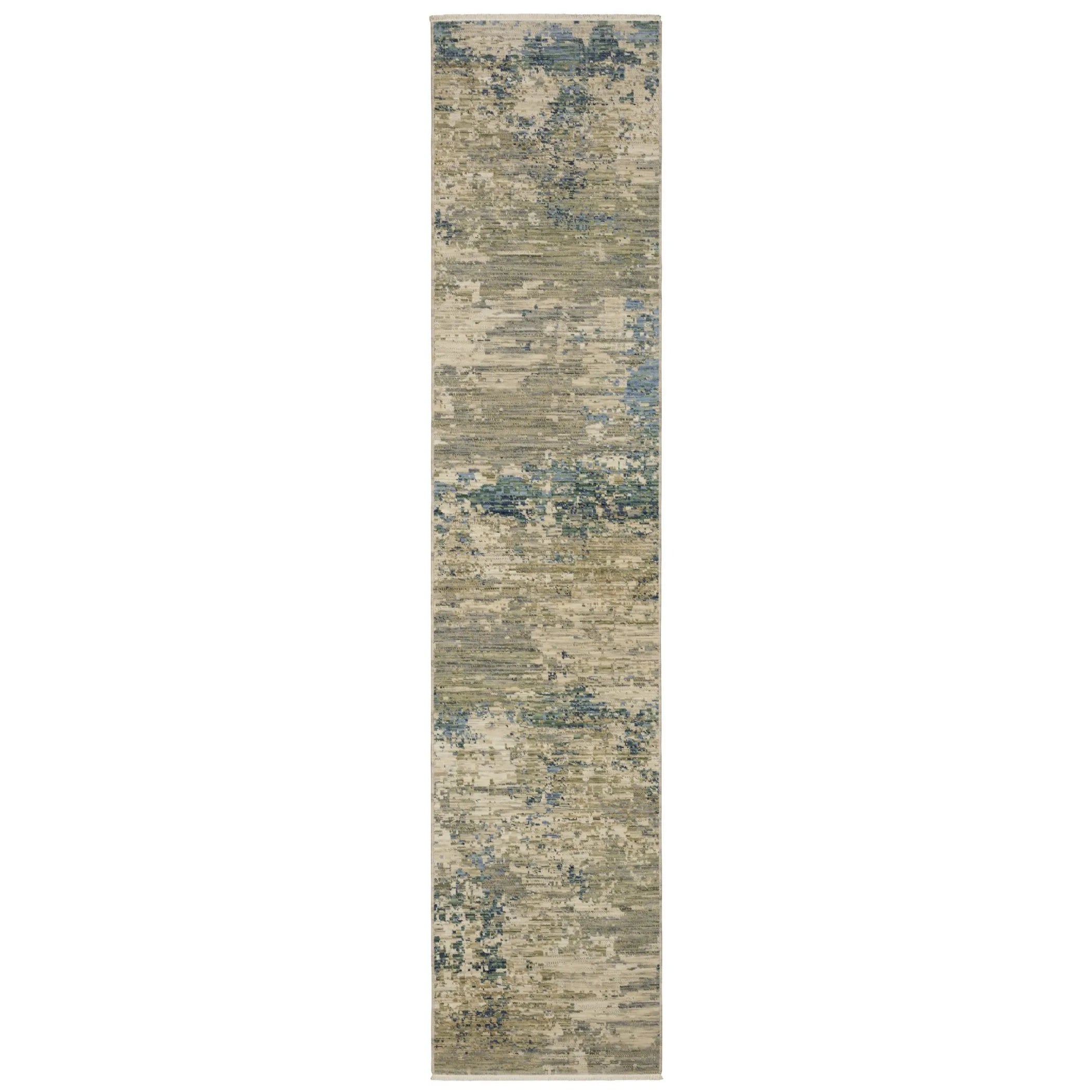 12' Beige And Blue Abstract Runner Rug With Fringe