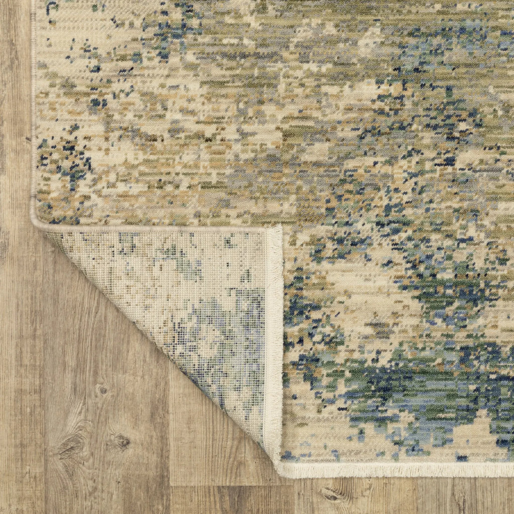 12' Beige And Blue Abstract Runner Rug With Fringe